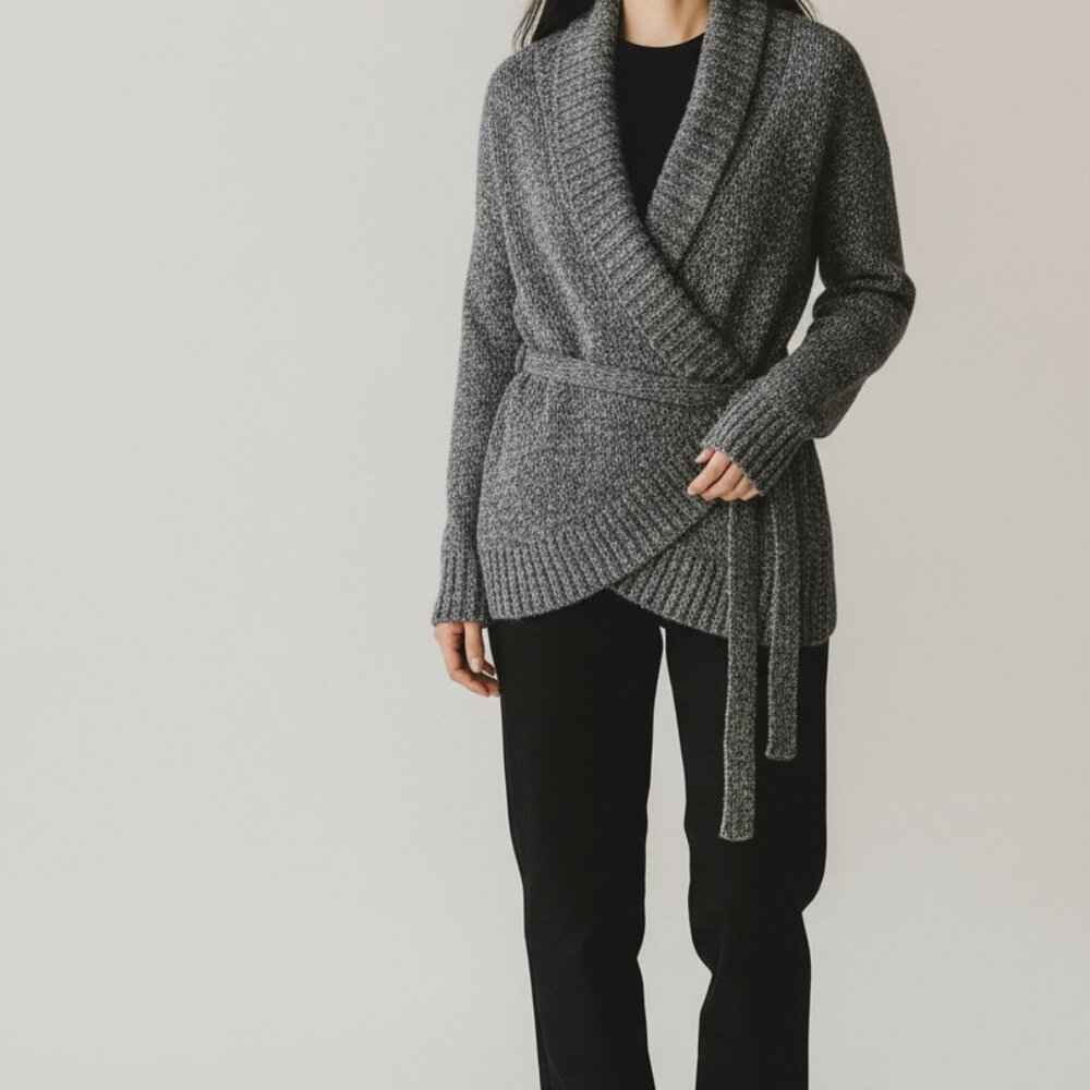 Cassis Womens Knit Wrap Cardigan Sweater Shawl‎ Collar Long Sleeve Gray - Picture 2 of 11